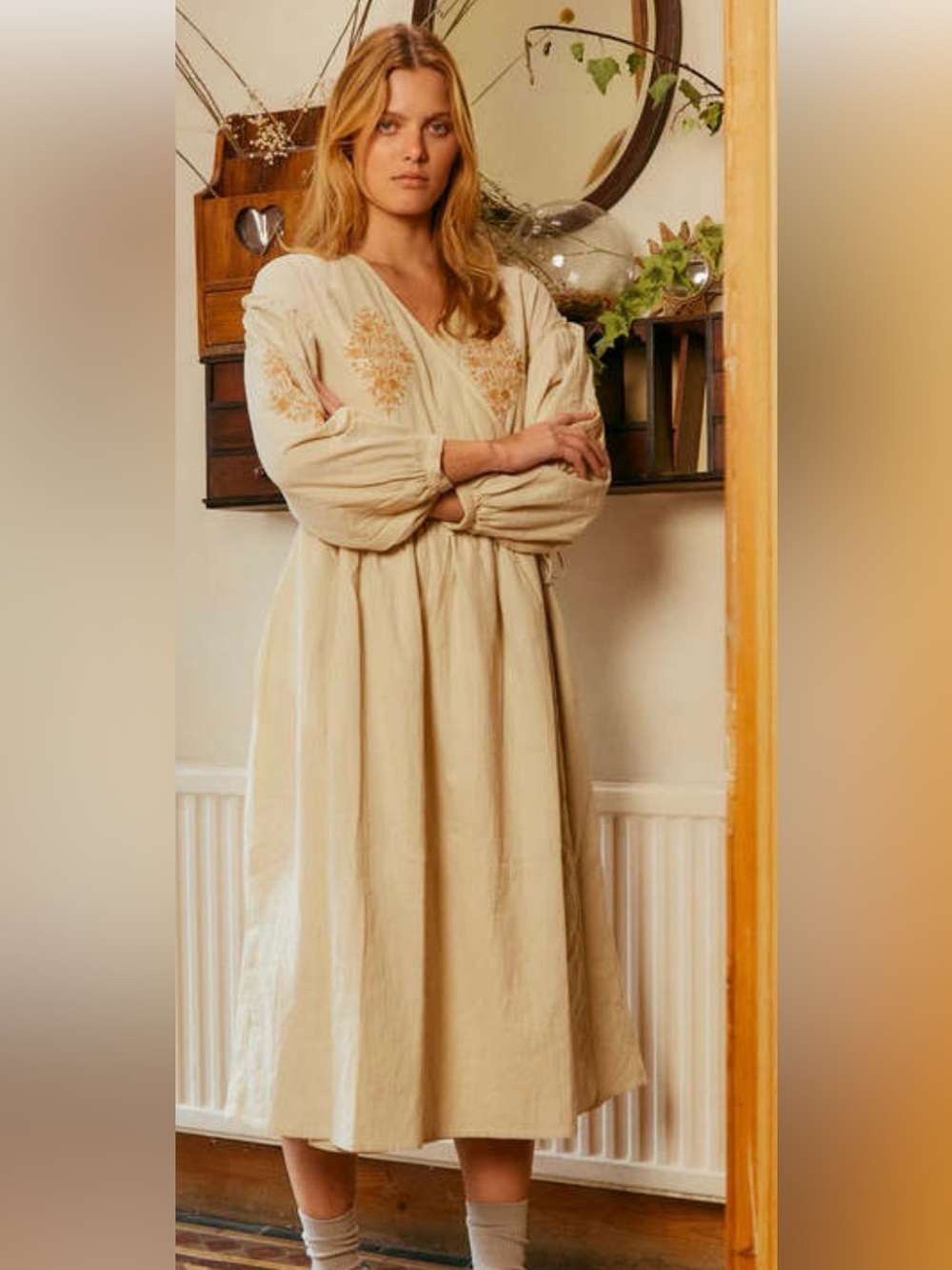Meadows Embroidered Cotton Wrap Midi Dress Cream Boho US 12